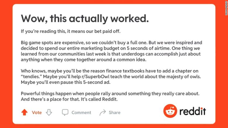 A SuperBowl szünetében öt másodpercnyi reklámidőt vett magának a Reddit, hogy a GameStop-sztorit ünnepelje