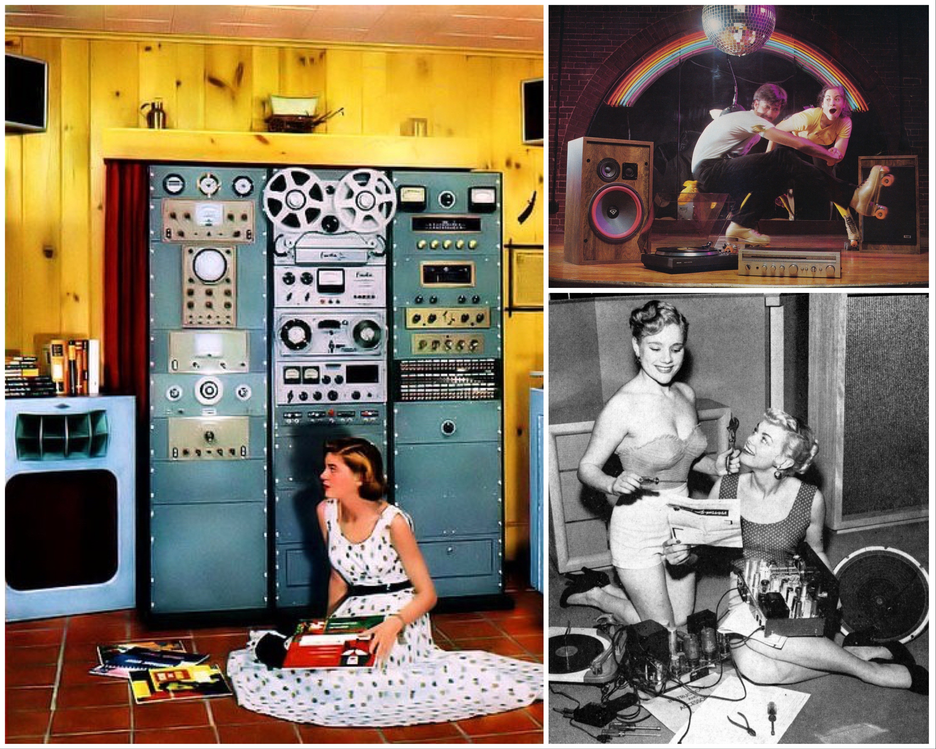 Látott már valaki mainframe számítógép méretű hifitornyot konyhaszerű helyiségbe zsúfolva (balra), ami előtt olyan pózban ücsörög a nő, mint aki Coca-Cola reklámot forgat az Édenkertben? Ugye, hogy nem. És mit csinál a szivárványos képen (jobbra fent) a fiatal pár, főleg a bajuszos-görkoris hipszter srác? Hogy nem az elmélyült zenehallgatás okozott nála katarzist, az biztos, mert semelyik készülék nincs bedugva. A barkácsoló lányokról (jobbra lent) készült fotó alighanem a már említett erősítőépítő háziasszonyok heroikus ábrázolása, de az is lehet, hogy a jobb oldali lány azbesztbőrét reklámozzák, amivel mosolyogva kibírható az ölben tartott csöves erősítőből áradó hő és kóbor áram is. Már csak amiatt kell aggódni, hogy a doboz nélküli hangszóróból milyen szörnyű zajok fognak előtörni a lemezjátszó bekapcsolása után.