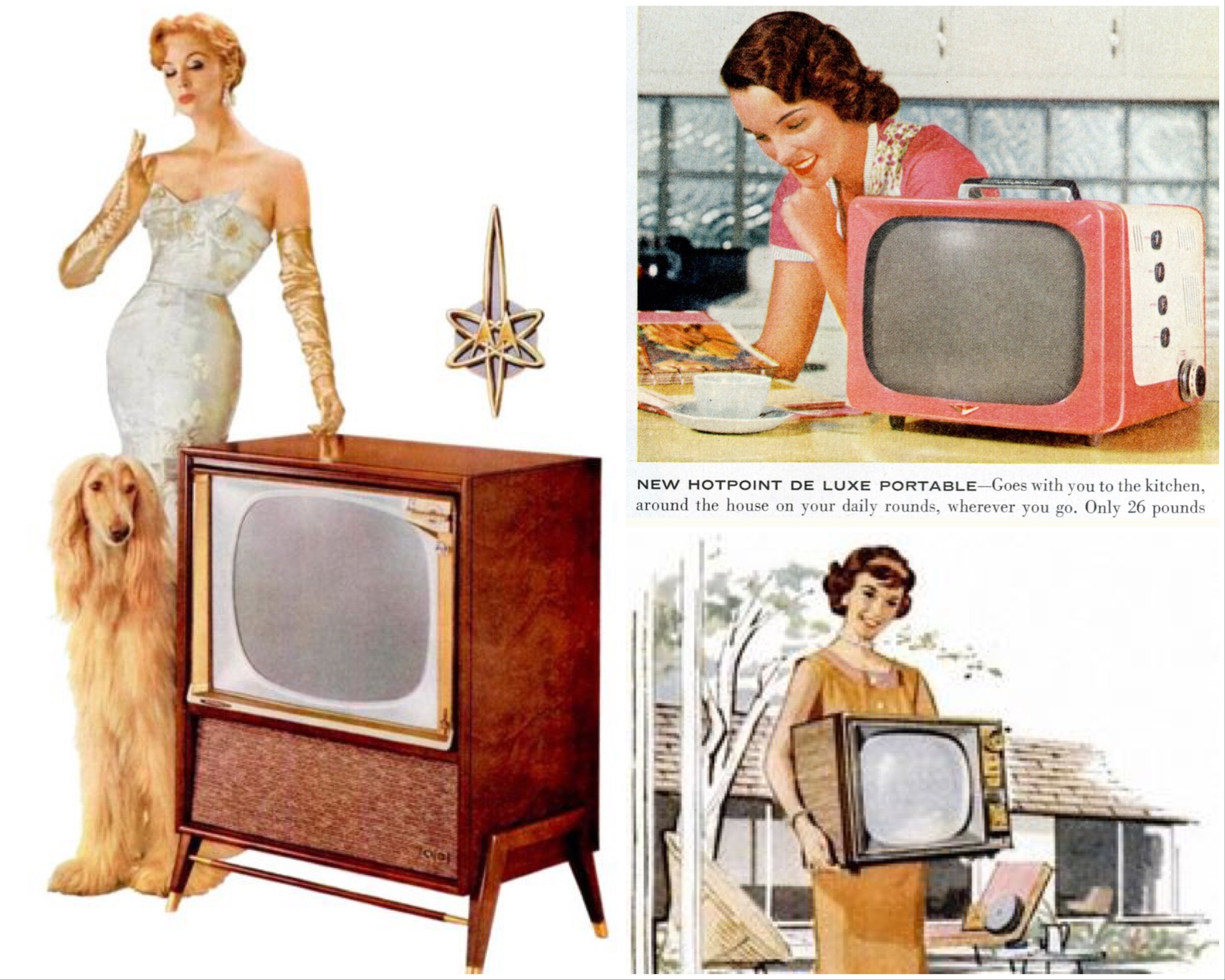 Ahogy az ötvenes évekbeli reklámszakemberek elképzelték a nők és a híradástechnika viszonyát. Az ideális háziasszony elragadó szexbomba, mégis otthonosságot sugároz, ugyanakkor az sem esik nehezére, hogy maga után cipeljen a házban egy 12 kilós tévét. Azok után, hogy egy jóval nagyobb tévét is mosolyogva hazavitt ölben, ez semmiség.