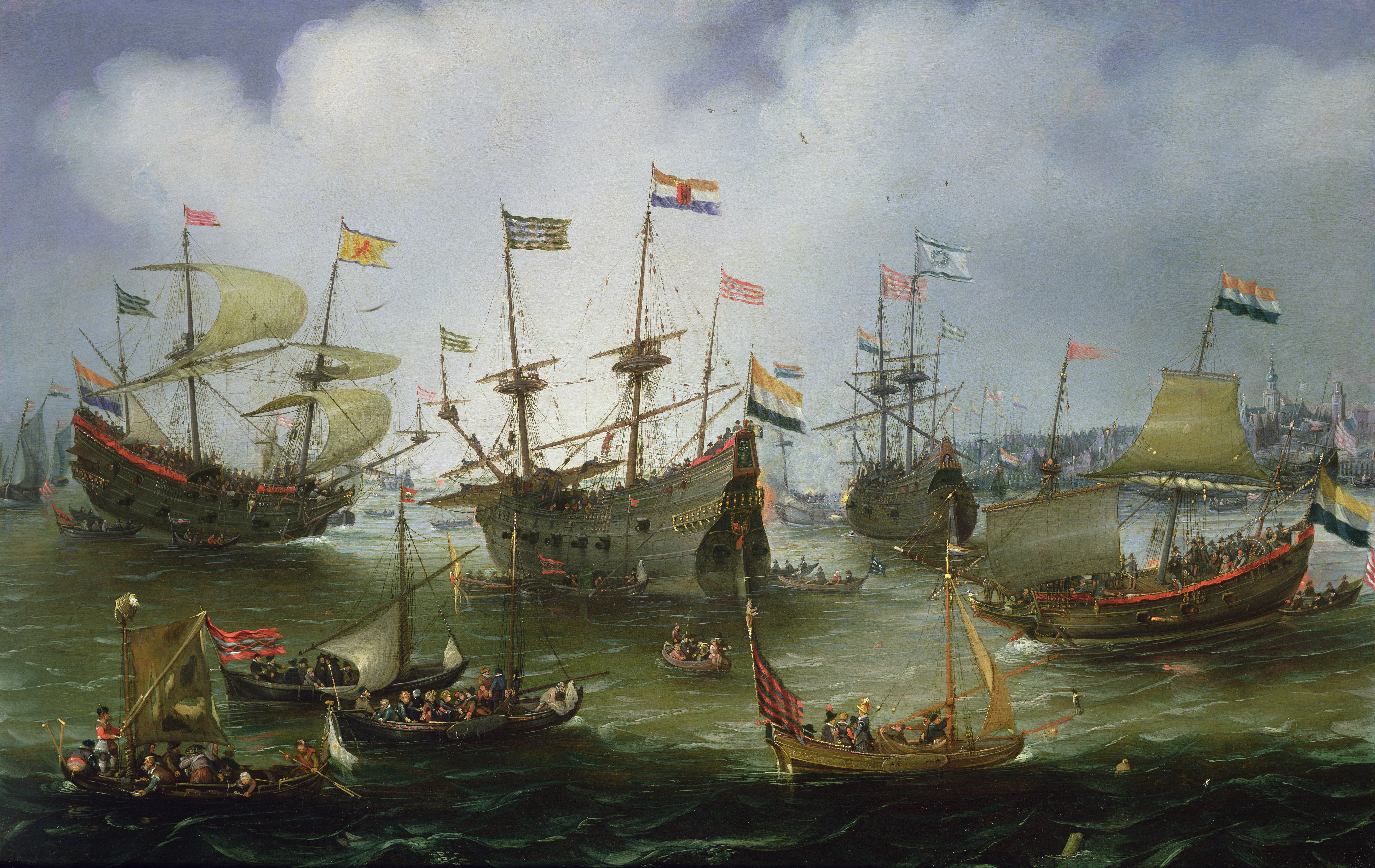 17. századi olajfestmény a Kelet-indiai Társaság egyik expedíciójának 1599-es visszatéréséről Amszterdamba