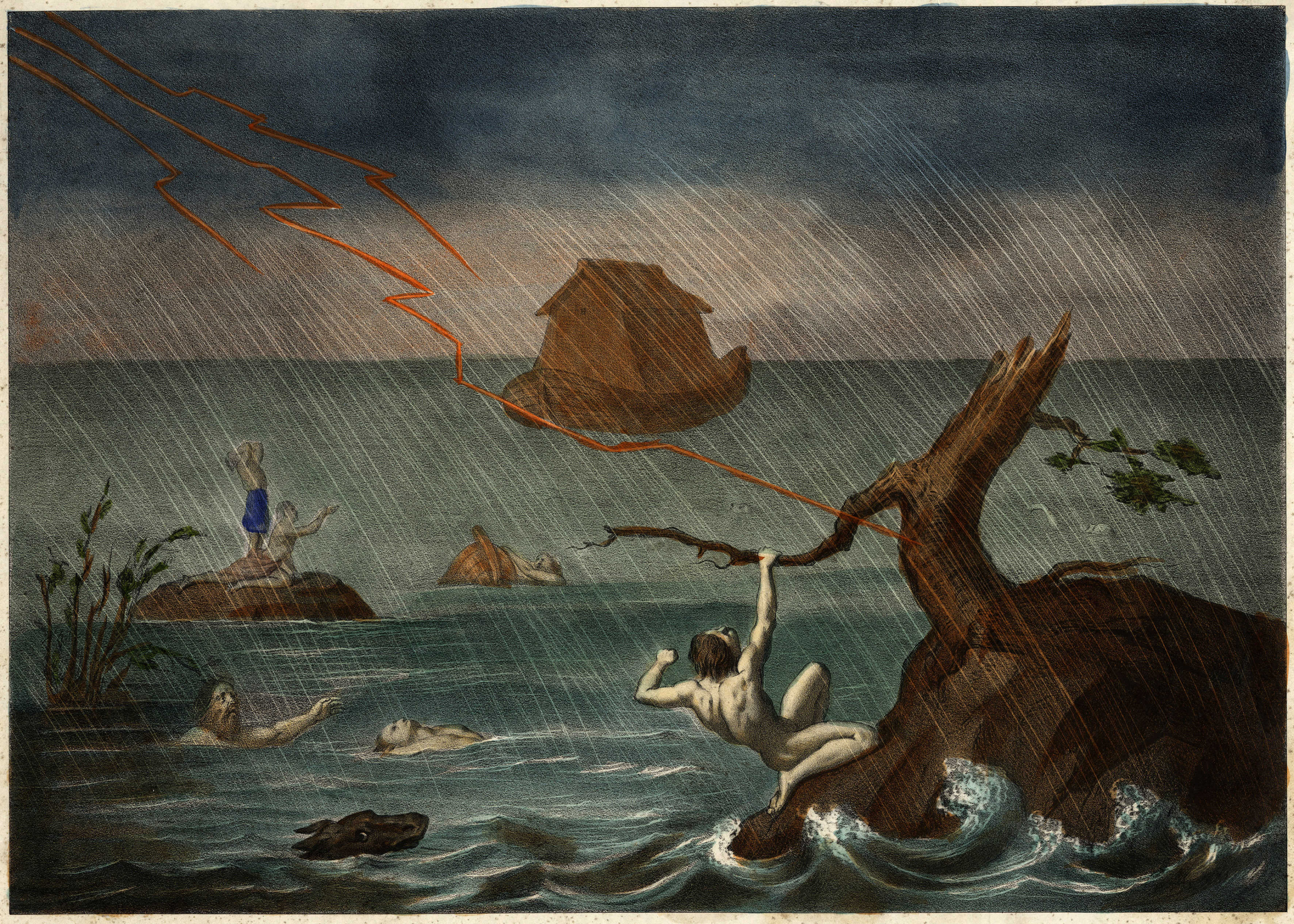 A bibliai özönvíz és Noé bárkája egy 19. századi metszeten