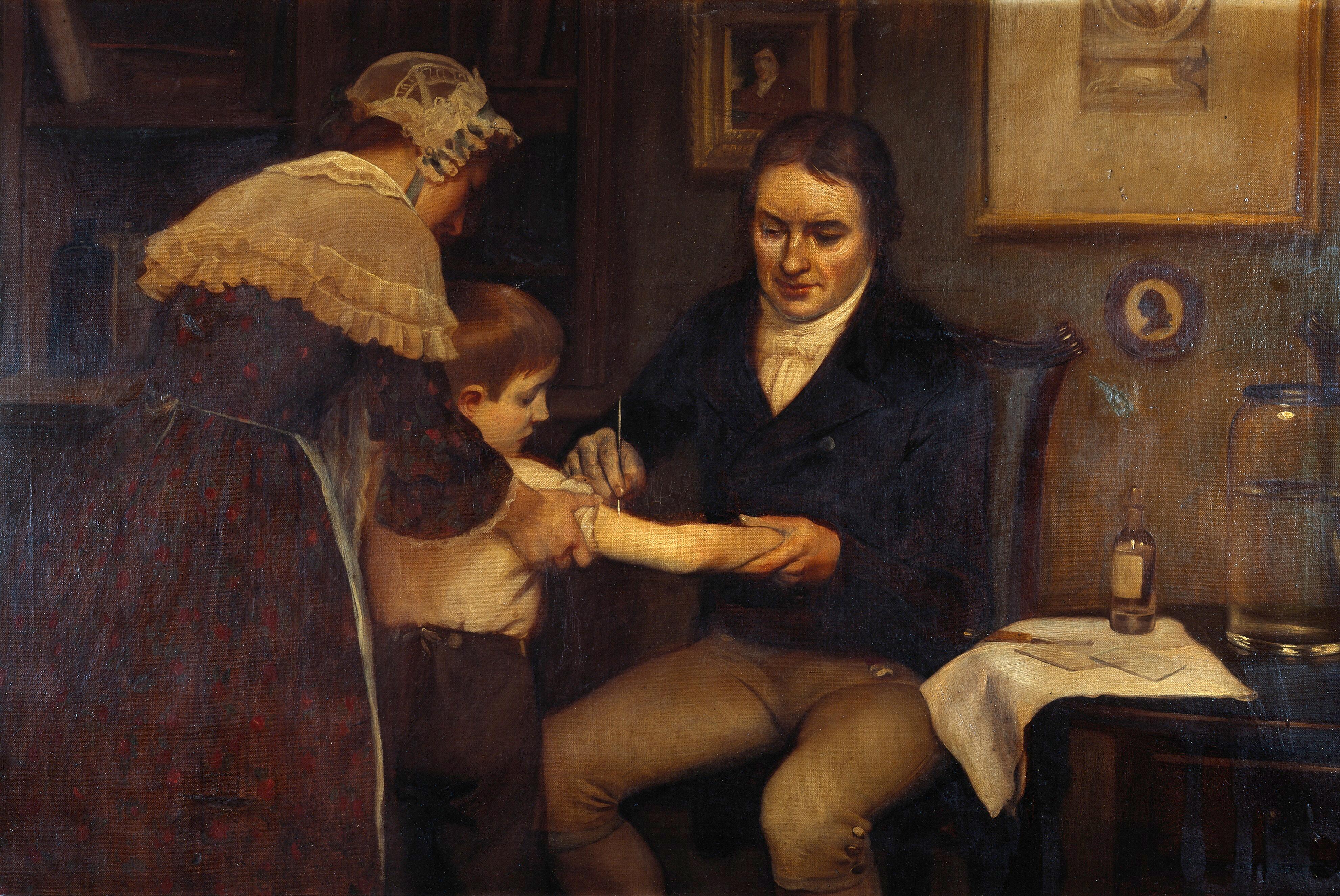 Edward Jenner beadja az első vakcinát James Phipps karjába (Ernest Board olajfestménye a 20. század elejéről)