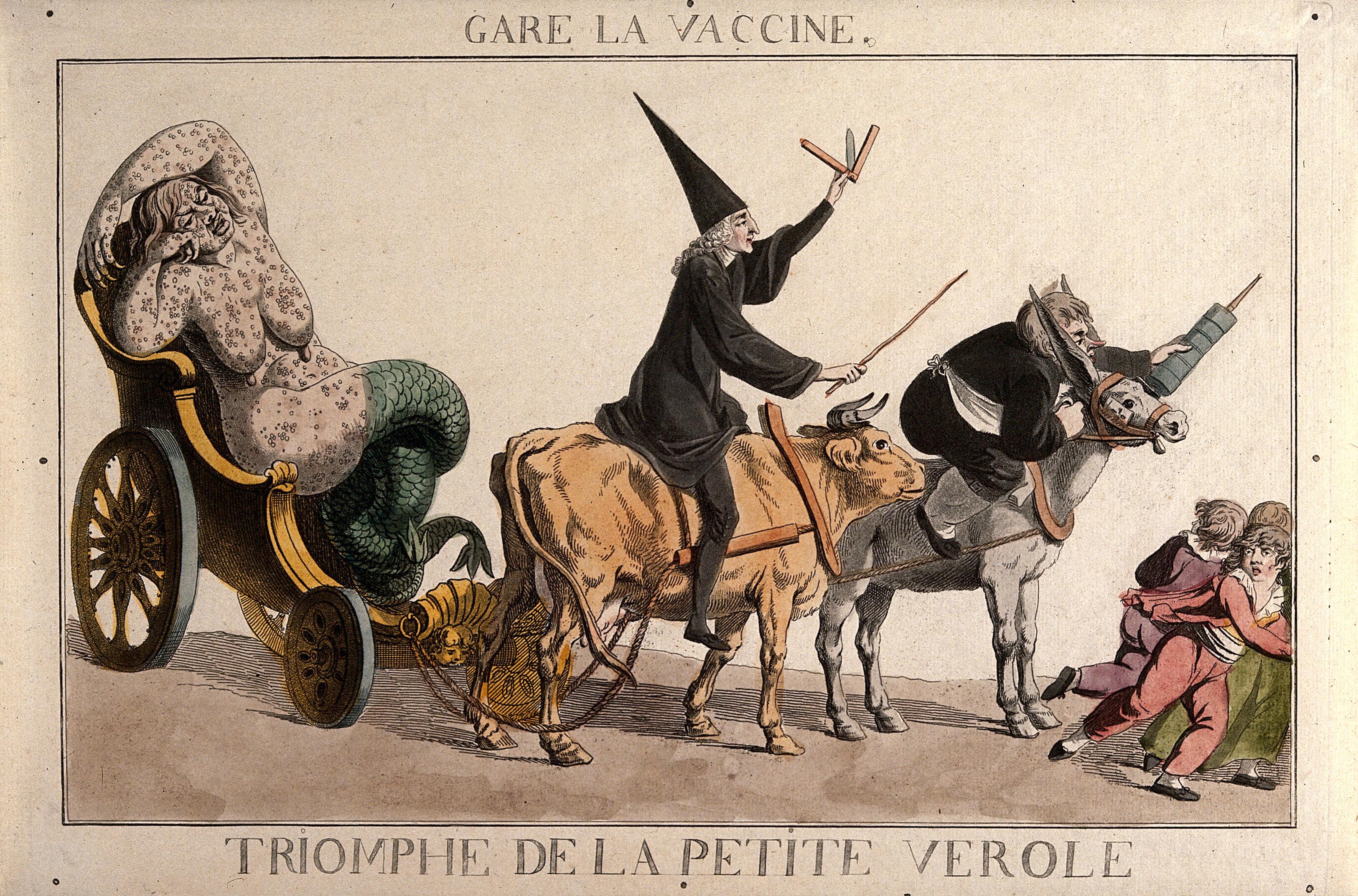 Francia karikatúra a vakcinázás horrorisztikus folyamatáról, marhán érkező orvossal, gigantikus fecskendőt lóbáló patikussal és egy hableánnyá változott himlős nővel