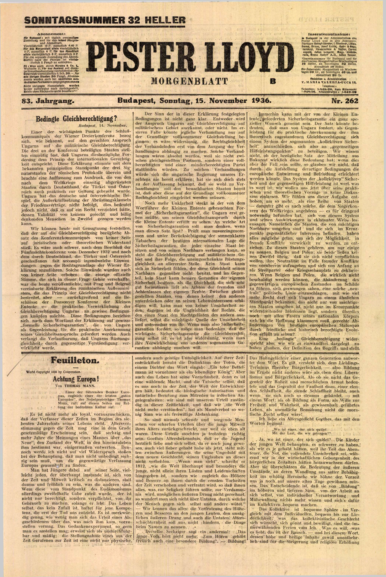 Az 1936. november 15-én megjelent reggeli kiadás címoldala