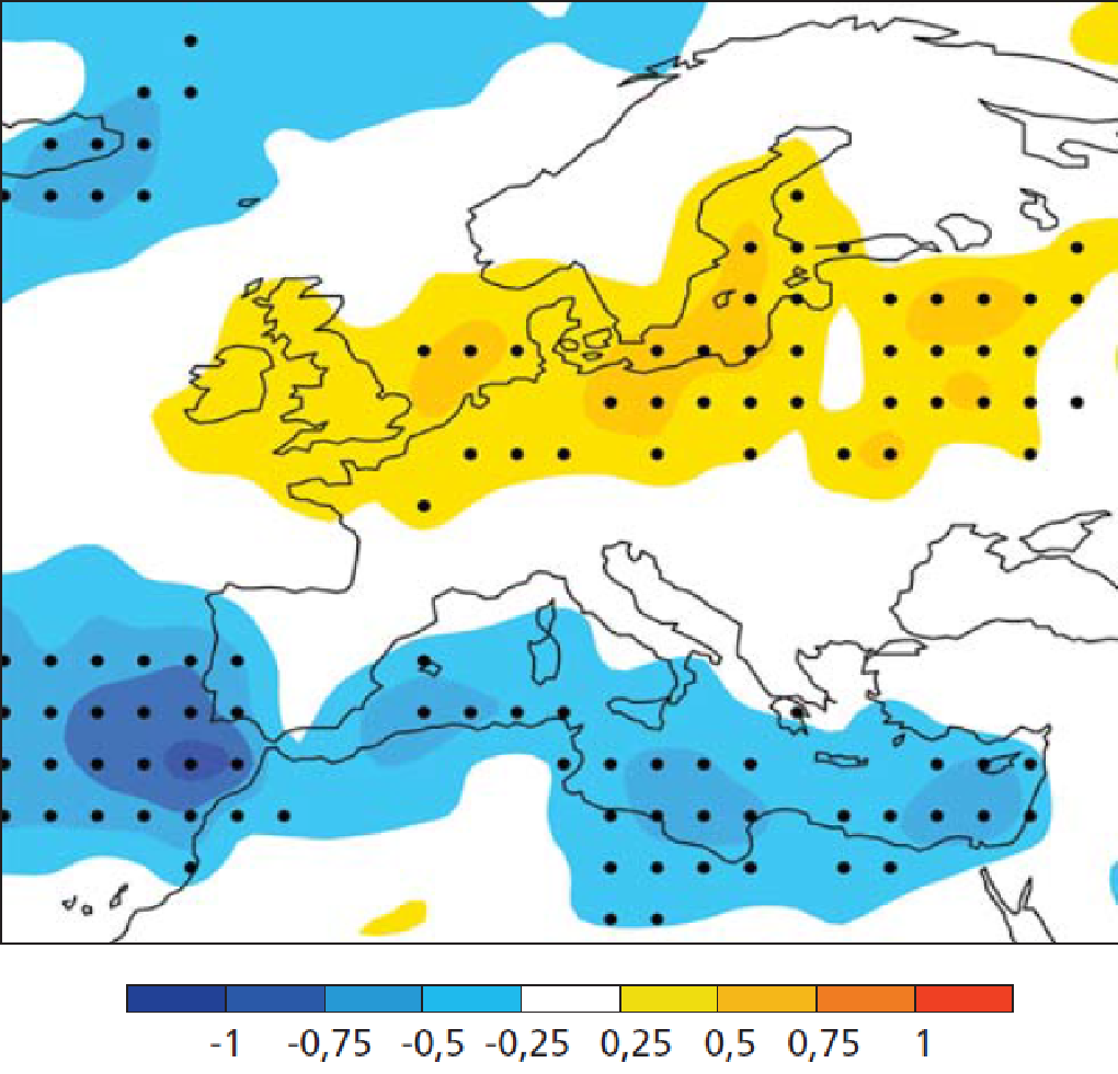 A maximális szélsebesség 98 százalékának éghajlati modell-szimulációkból számított 2071–2100 közti átlagának változása m/s-ban az 1961–2000 időszakhoz képest. A sárga területek növekedést, a kék területek csökkenést jeleznek, a fekete pontok a statisztikailag szignifikáns változásokat mutatják (95 százalékos megbízhatósággal).