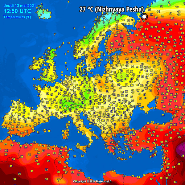 Hőmérsékleti értékek az oroszországi rekorddal május 13-án