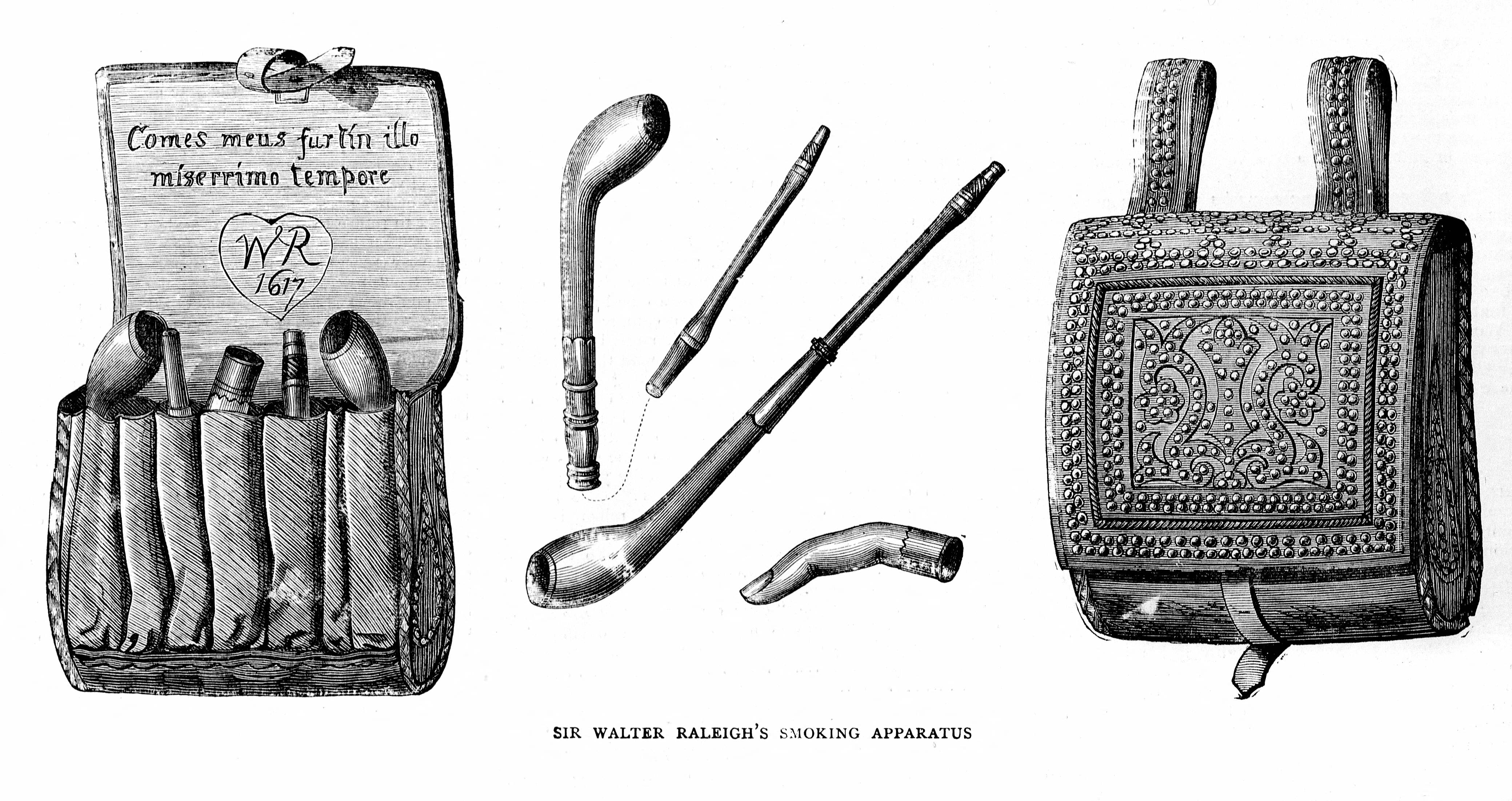 Sir Walter Raleigh (1552-1618) pipakészlete. Raleigh az elsők között volt, akik az Újvilágban felfedezték a dohányzás örömeit, és elhozták a növényt Európába is.