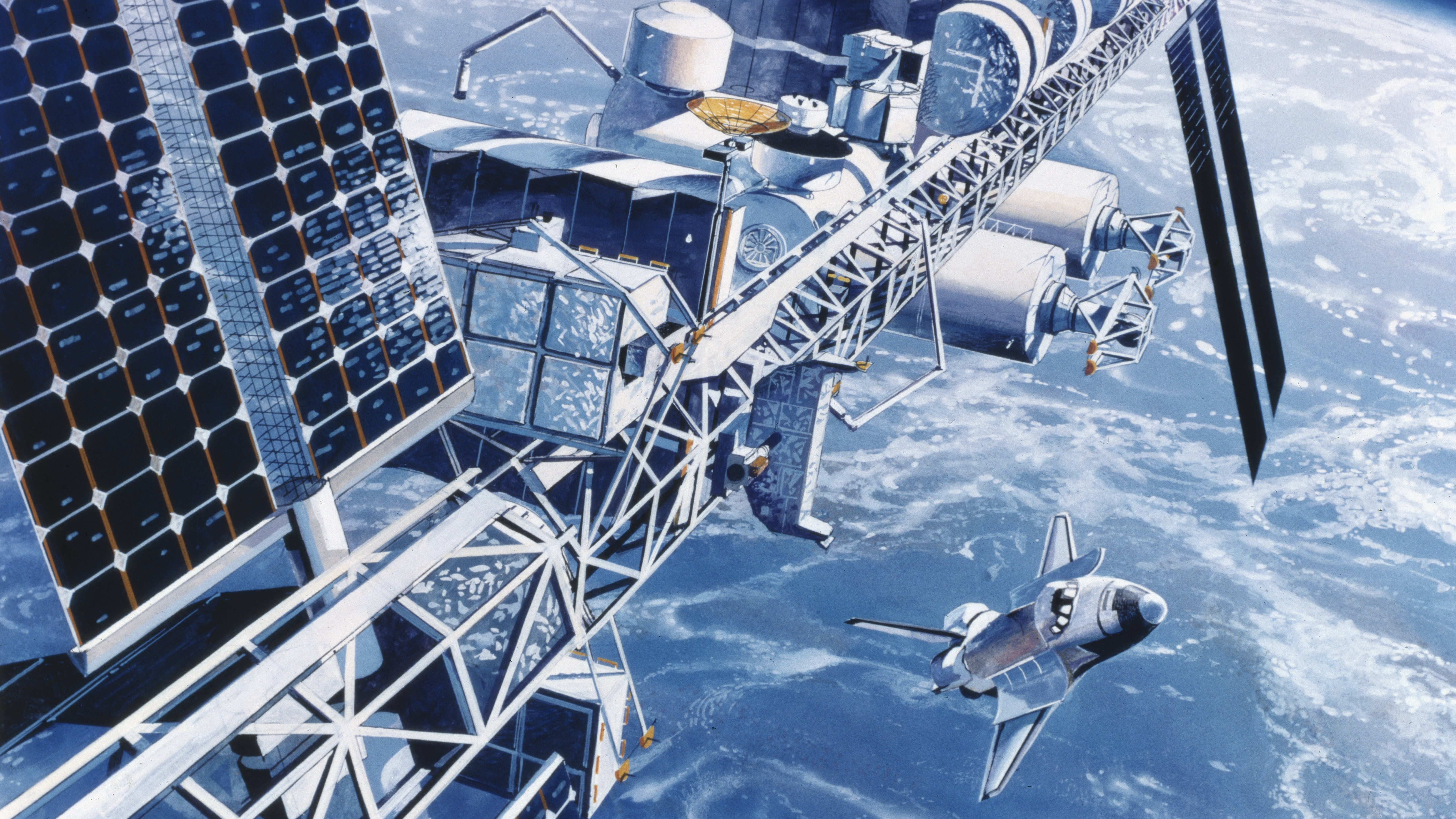 Látványterv az amerikai Freedom űrállomásról. A Föld körül keringő űrbázist sosem építették meg, de a továbbfejlesztett koncepcióját a Nemzetközi Űrállomás építése során is felhasználták.