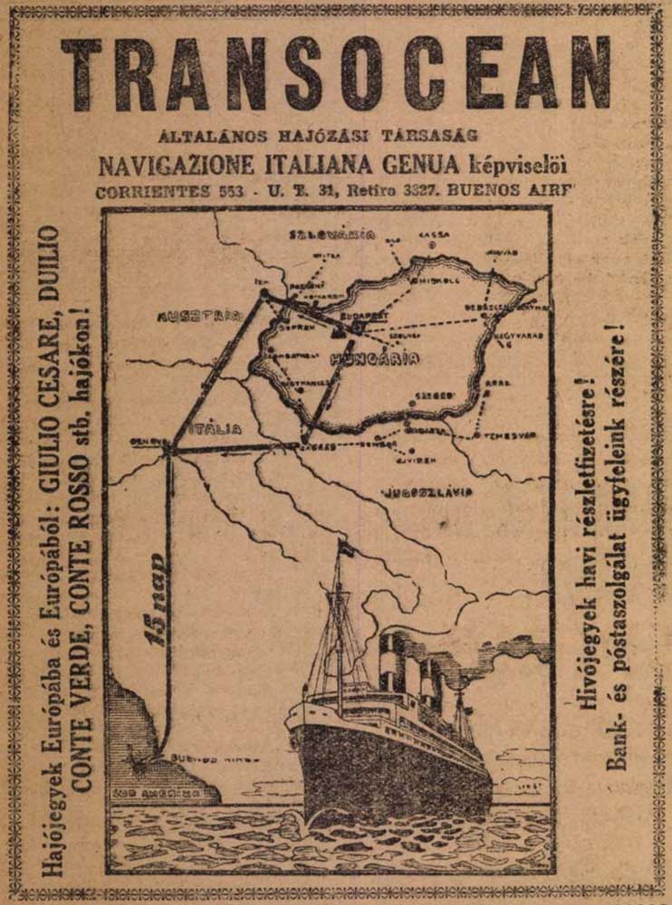 Egy olasz hajózási vállalat reklámja a Délamerikai Magyarság újságban, 1930. Jól láthatók a Trianon miatt elcsatolt területekről érkezők útvonalai.