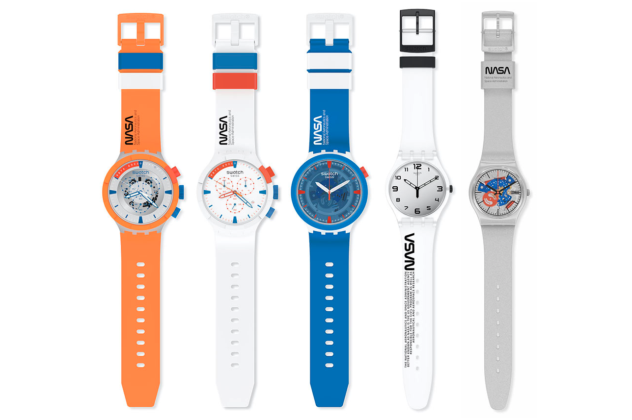 A Swatch Space Collection. Balról jobbra: Big Bold Chrono Launcher, Big Bold Chrono Extravehicular, Big Bold Jumpsuit, Space Race Gent, Take Me to the Moon.