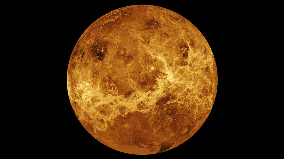 A NASA Pioneer és Magellan űrszondáinak adataiból készített kép a Vénusz vastag felhőzet által eltakart felszínéről.