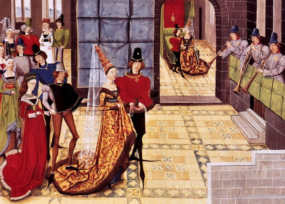 A kitalált középkori hős lovag Renaud de Montauban esküvőjének 1460 körüli ábrázolása csőrös cipőkkel