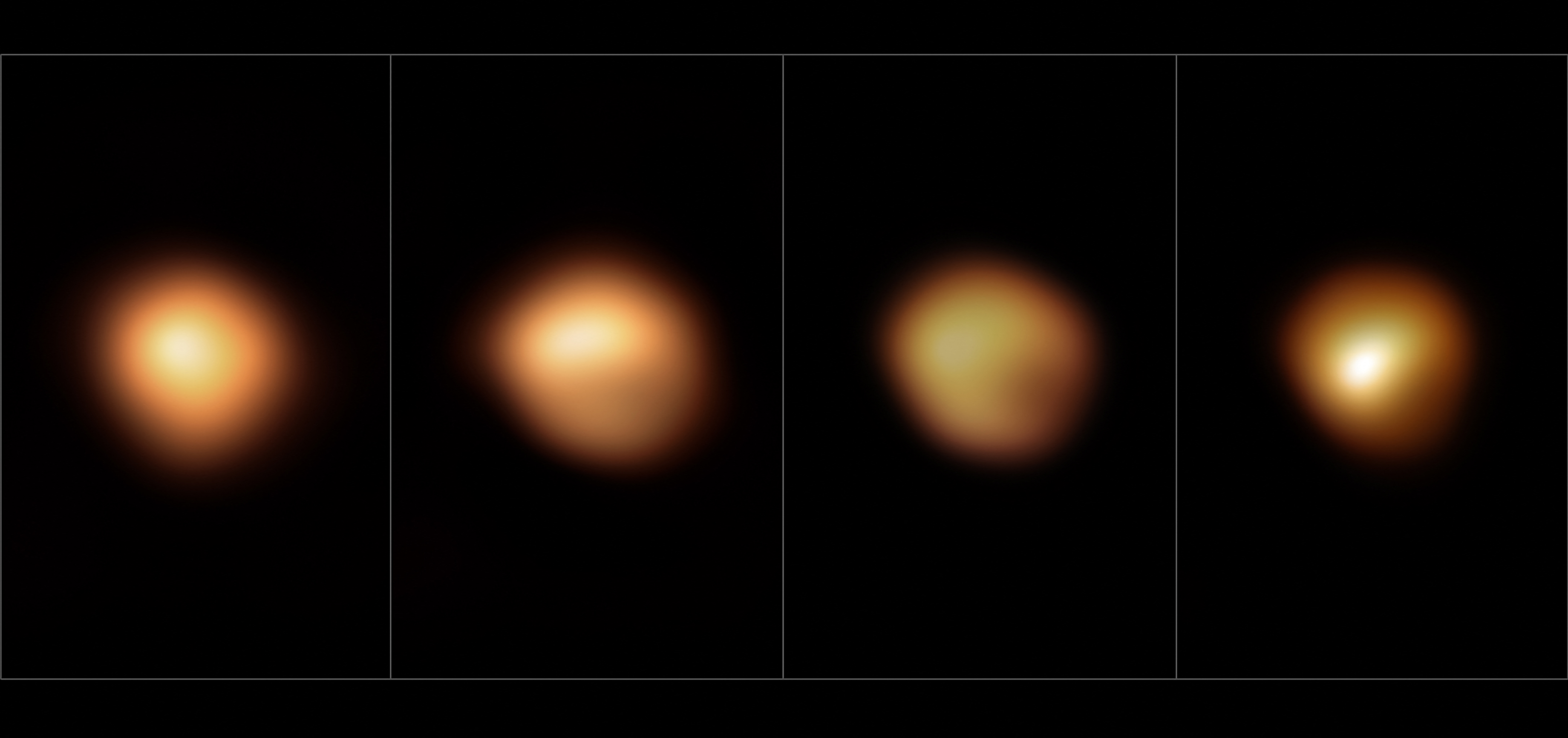 Balra a Betelgeuze normális fényessége 2019 januárjában, a következő három képen a fokozatos halványodás látható (2019. december, 2020. január és március)