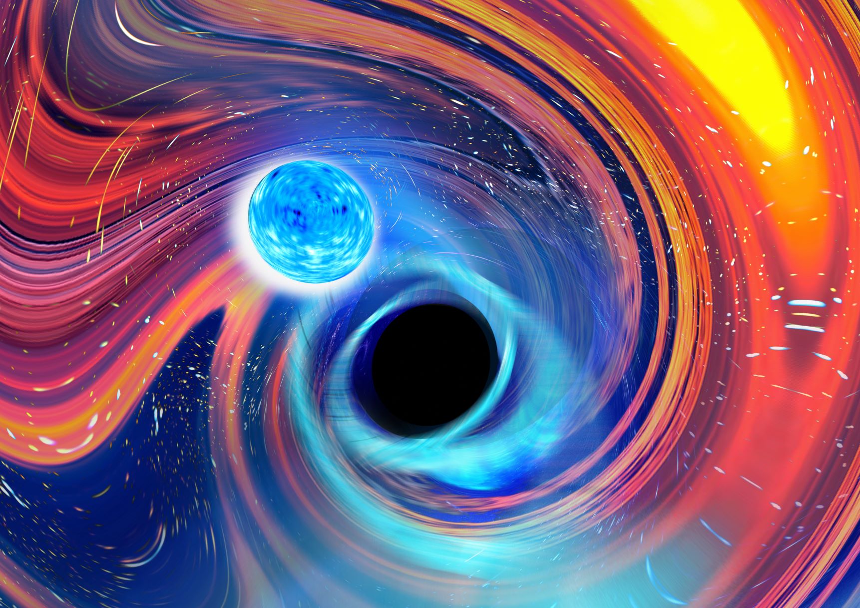 Az összeolvadó neutroncsillagok és fekete lyukak által inspirált művészi rajz