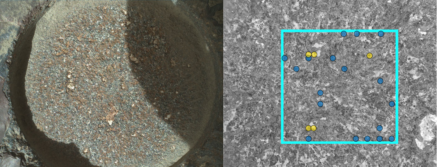Bal oldalon SHERLOC műszer kamerájának mikroszkópos felvétele a Rochette kőzet lecsiszolt részéről.