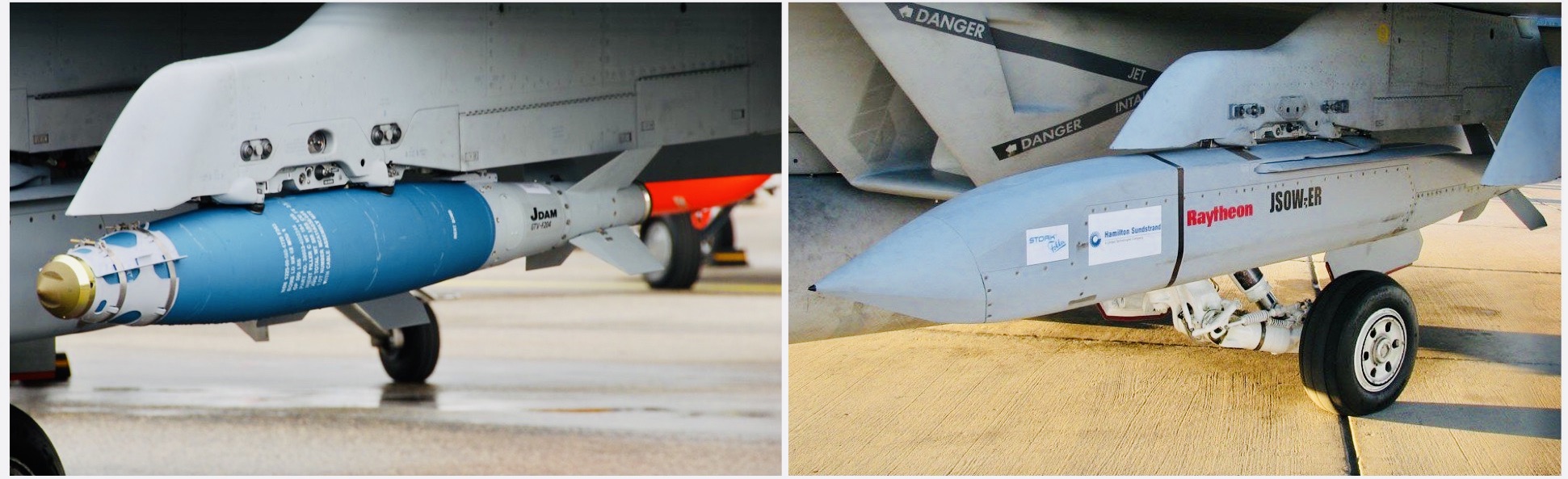A JDAM (balra) és a JSOW (jobbra) GPS vezérlésű siklóbombák. A műholdvezérlésű, nagy pontossággal célra irányítható támadófegyvereket nem hozzák zavarba a kedvezőtlen időjárási körülmények vagy a rossz látási viszonyok.