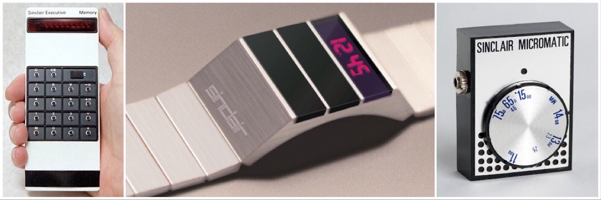 Sinclair-relikviák a hetvenes évekből: retro-futurista zsebszámológép (balra), digitális karóra (középen) és parányi zsebrádió (jobbra). A készülékek formaterve stílusos és időtlen; alighanem ez is inspirálhatta a modern Apple számítógépeket.