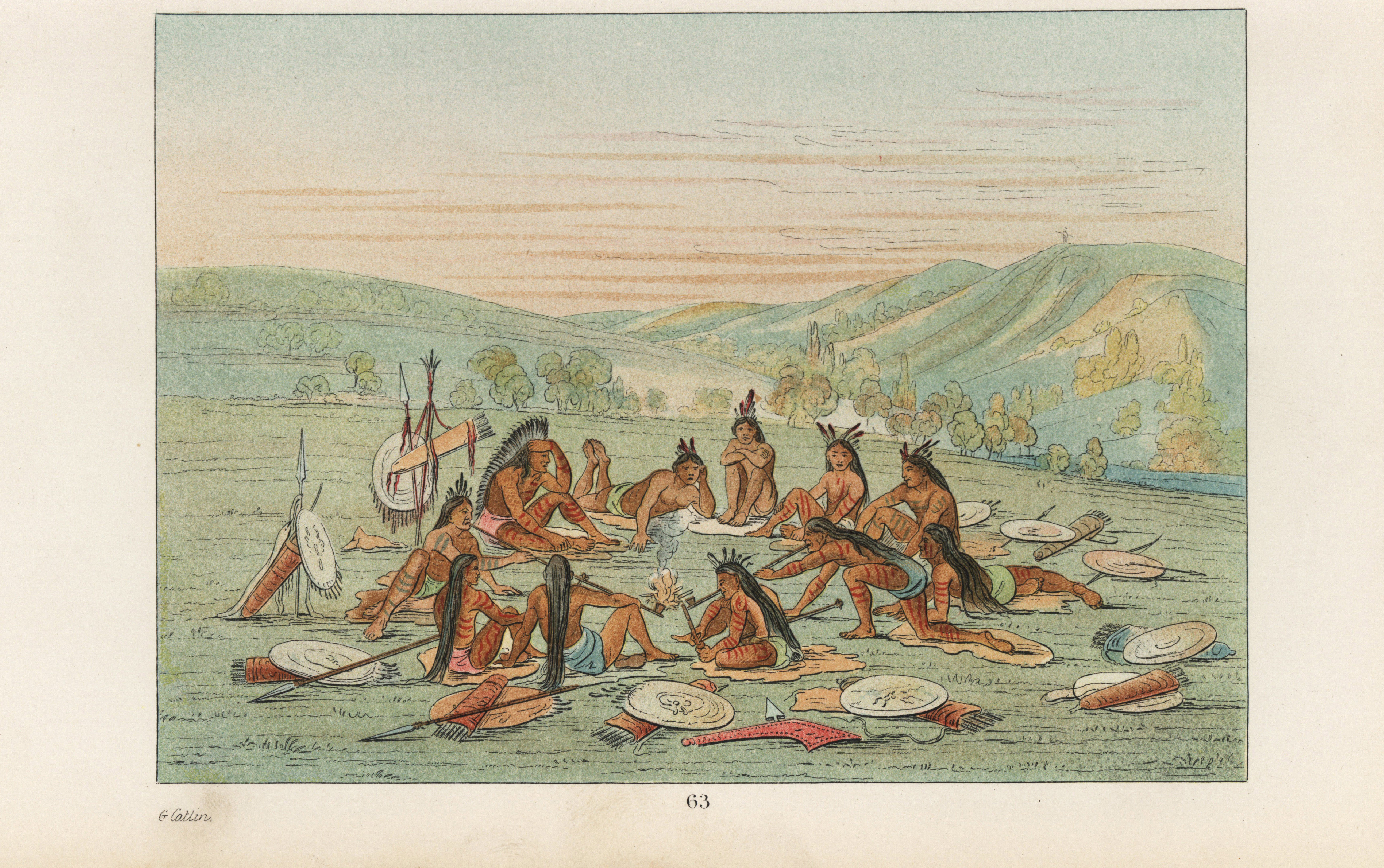 Észak-amerikai őslakók dohányfogyasztás közben egy 1841-es litográfián