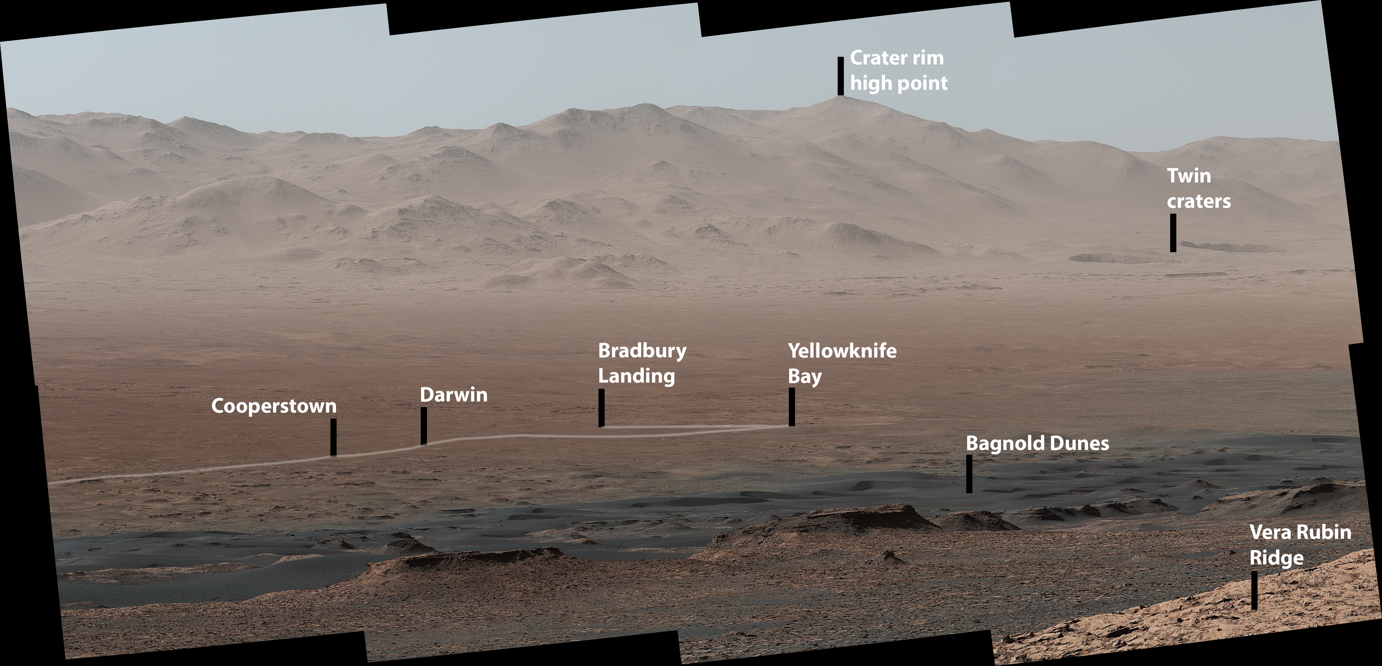 A Bagnold-dűnék a marsjáró által a Gale-kráterben megtett út kontextusában.