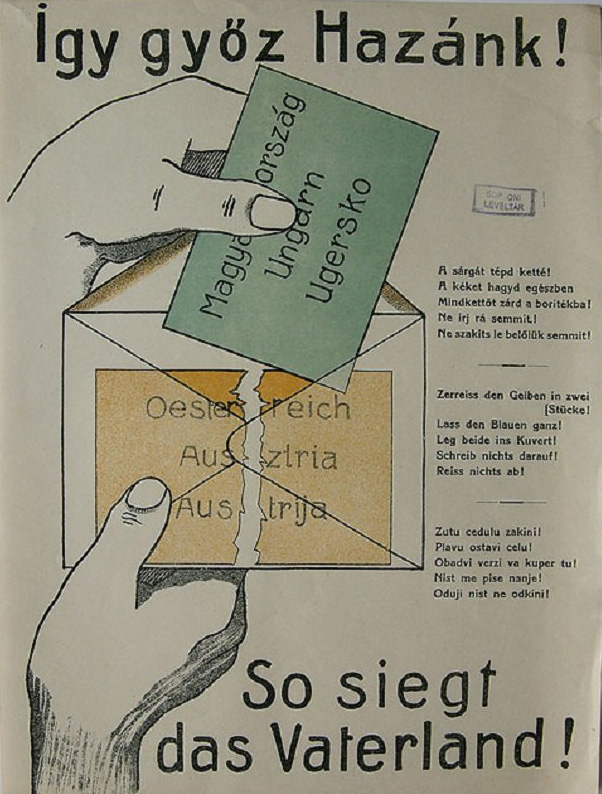Korabeli háromnyelvű plakát, ami a Magyarországon maradás mellett leadott érvényes szavazat menetét mutatta be