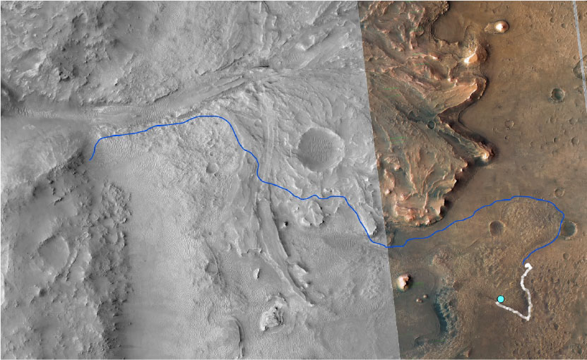A Perseverance eddigi (fehér) és tervezett útja (kék), valamint jelenlegi helyzete (világoskék pont) a Jezero-kráterben, ahol jól kivehető az ősi Neretva folyó által hátrahagyott deltatorkolat
