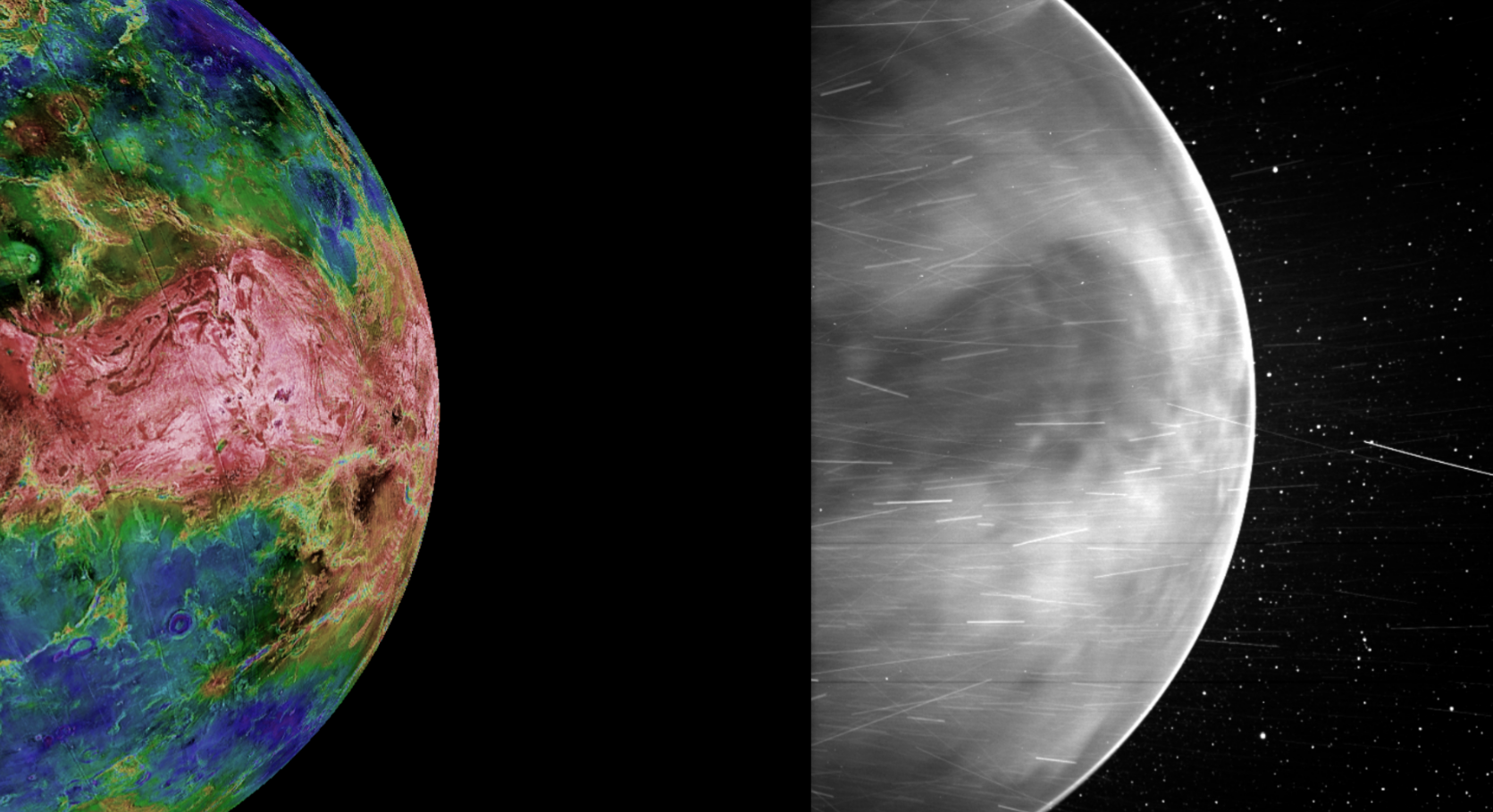 A Parker Solar Probe (jobb oldalt) és a Magellan (bal oldalt) által készített felvételek ugyan arról a területről