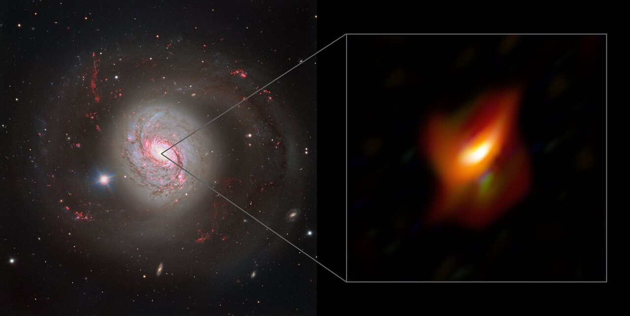 Az M77 galaxis a VLT látható tartományú felvételén (bal oldalt) és a galaxis központi régiója a MATISSE műszer által készített infravörös képen