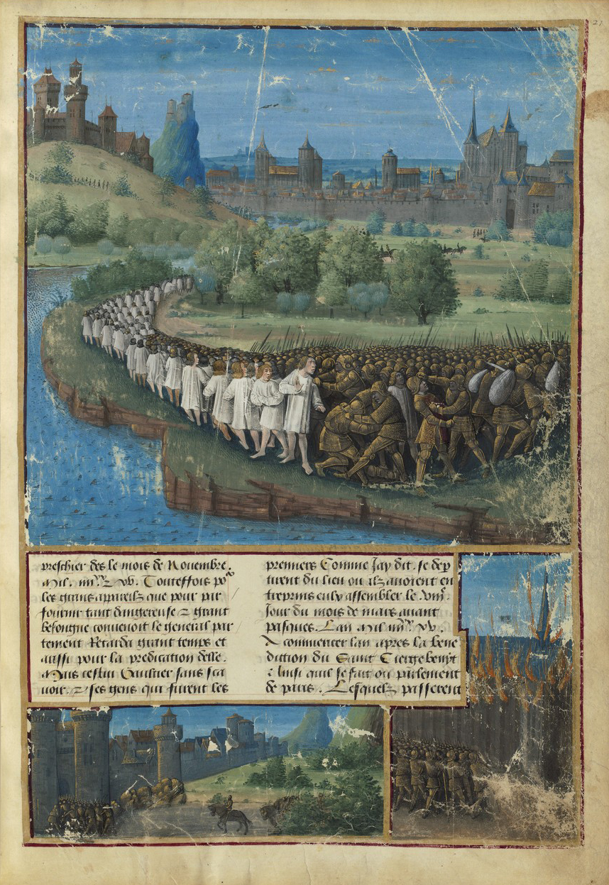 A magyarok kifosztják a kereszteseket Zimonynál. Az ábrázolás Sébastien Mamerot 15. századi krónikájának (Passages d’Outremer) Jean Colombe által illusztrált kéziratában maradt fenn