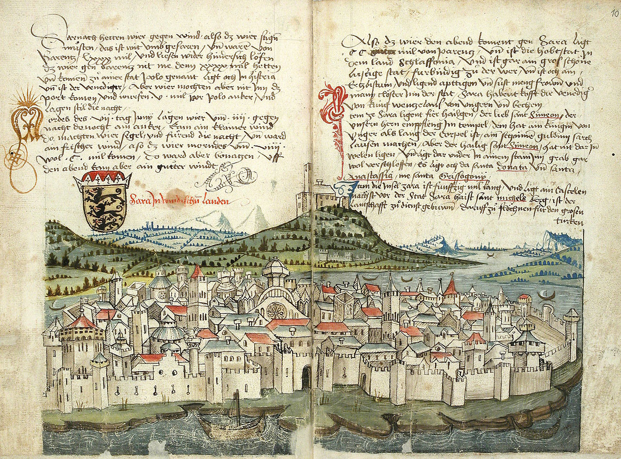 Zára ábrázolása Konrad von Grünenberg Beschreibung der Reise von Konstanz nach Jerusalem (A Konstanzból Jeruzsálembe vezető út leírása) c. művének lapjain (1487)