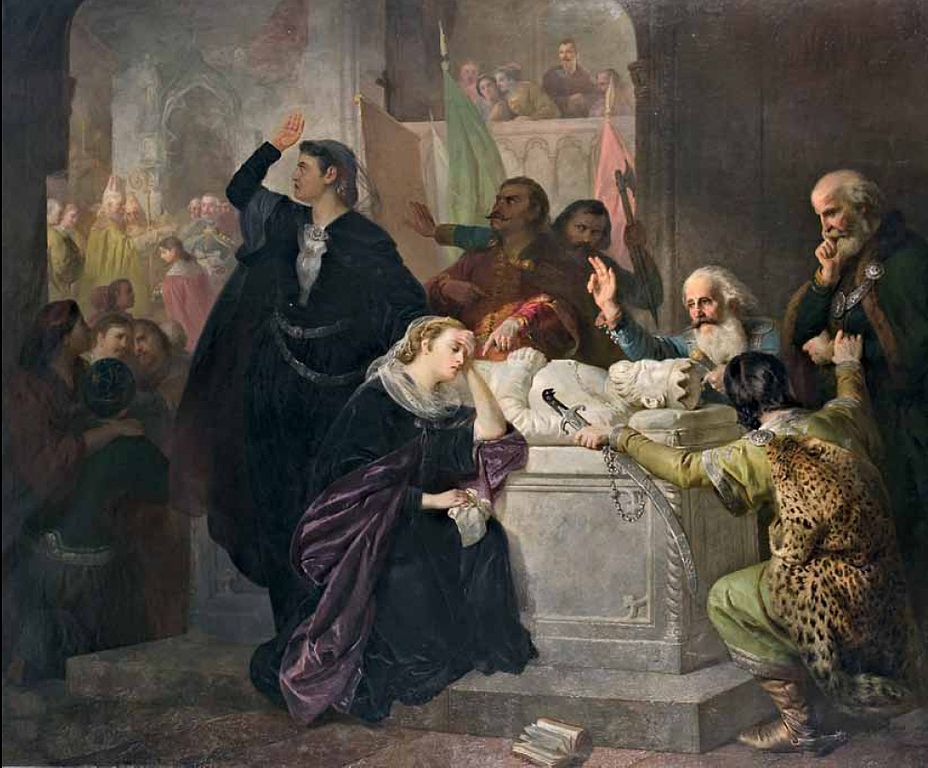Erzsébet és Mária Kis Károly koronázásán, Nagy Lajos síremlékénél (Molnár József festménye)
