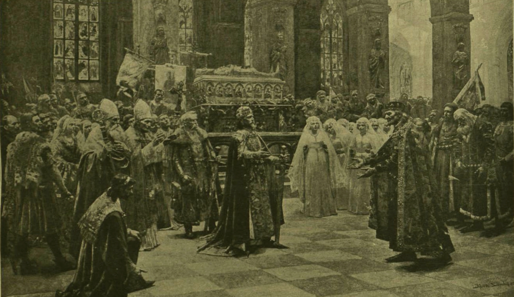 Zsigmond király és Ulászló találkozása Szent László sírjánál (Bihari Sándor festménye a Vasárnapi Ujság 1898. májusi számában)
