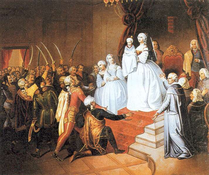 A magyar nemesség 1941-ben hűséget esküszik Mária Terézia királynőnek, aki a 3 hónapos II. Józsefet tartja karjaiban (romantikus ábrázolás)