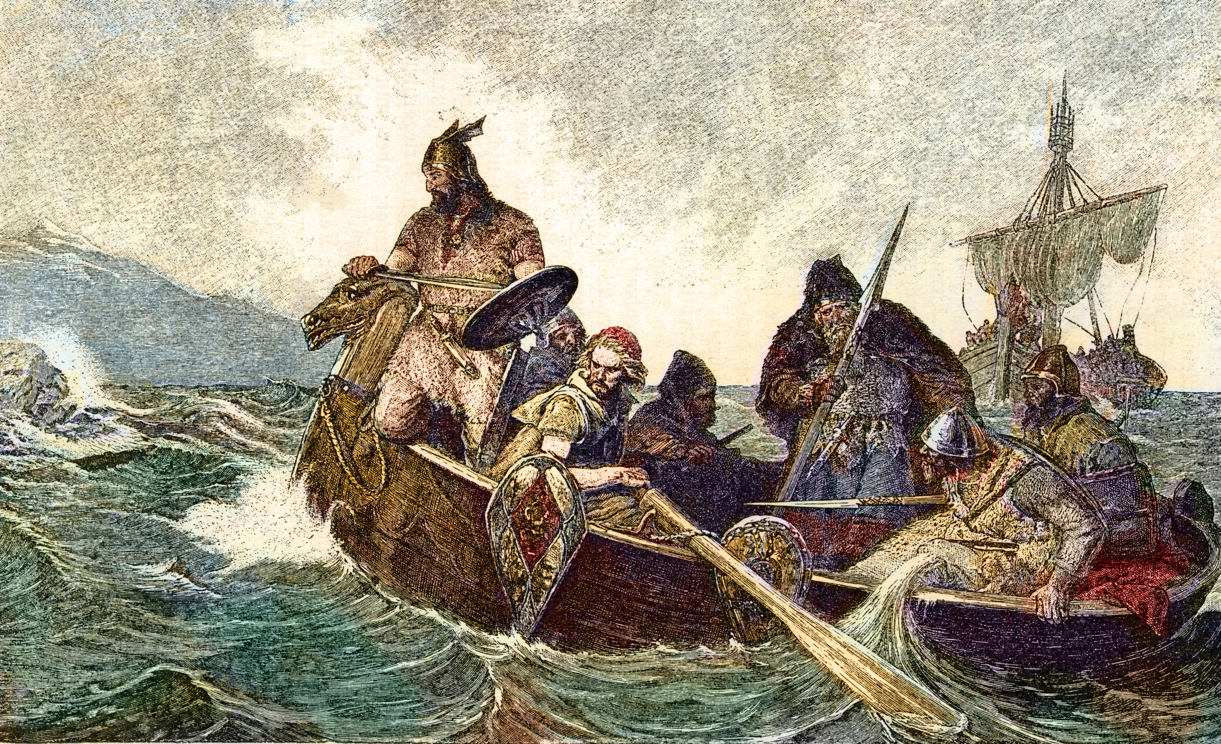 Norvég vikingek érkeznek Izlandra a 9. században (metszet)