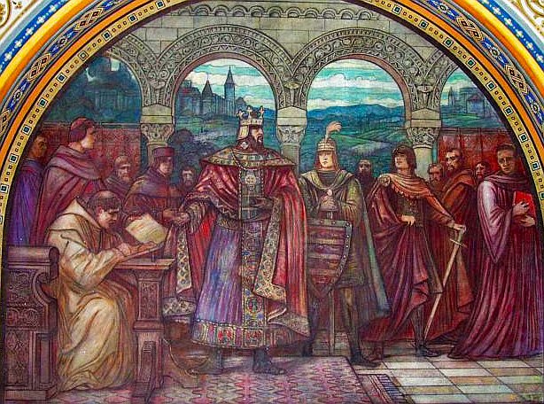 „III. Béla elrendeli az írásbeliséget” (festmény az Országos Levéltár falán)