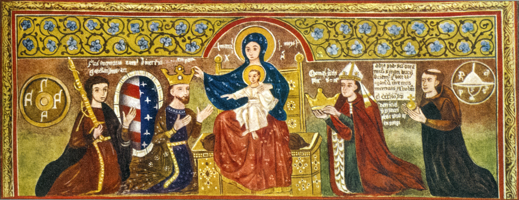 A Csák Máté elleni győzelem emlékére, 1317-ben készült freskó a szepeshelyi székesegyházban. Balról jobbra: Semsey Ferenc szepesi várnagy a király kardjával, I. Károly, az őt megkoronázó Szűz Mária, a koronát nyújtó Tamás esztergomi érsek, Henrik szepesi prépost az országalmával.