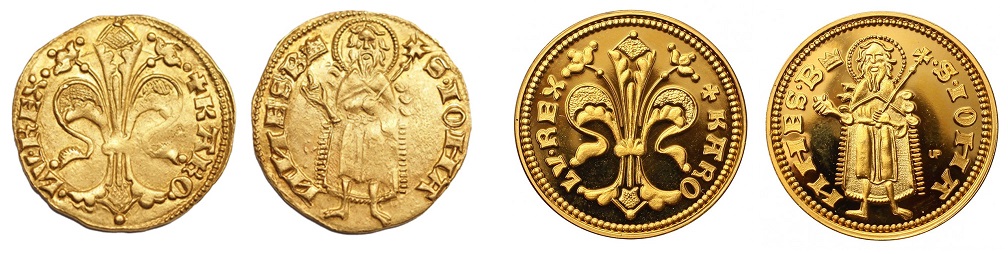 Károly Róbert 1325 és 1342 között vert aranyforintja – egyik oldalán firenzei liliom, a másikon Keresztelő Szent János képe látható. Jobbra az érme 2020-as modern arany utánverete.