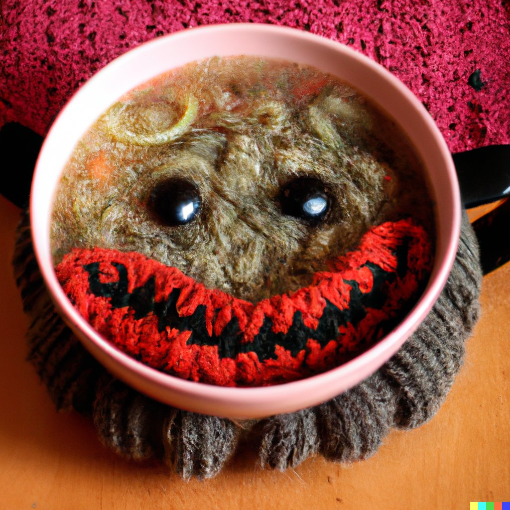 "Egy tál leves, ami szörnynek néz ki, gyapjúból" szövegre készített kép