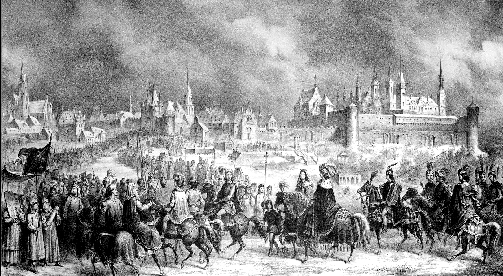 Mátyás és Beatrix bevonulása Budára 1476-ban (Vízkelety Béla kőrajza 1864-ből) – a kép bal szélén Mendel Jakab, a zsidók „prefektusa”, kezében a Tóra, azaz Mózes öt könyve