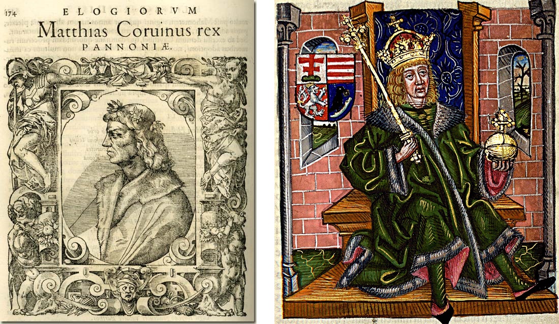 Mátyás ábrázolása Paolo Giovio itáliai történész 1575-ös krónikájában (balra) és az 1488-ban kiadott Thuróczi-krónikában (jobbra)