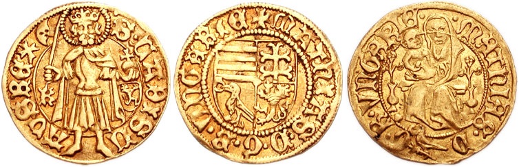 Mátyás aranyforintjának egyik oldalán Szent László kapott helyet, a másikon kezdetben a Hunyadiak gyűrűs hollójával kiegészült királyi címer, később az ország védőszentje, a Patrona Hungariae volt látható