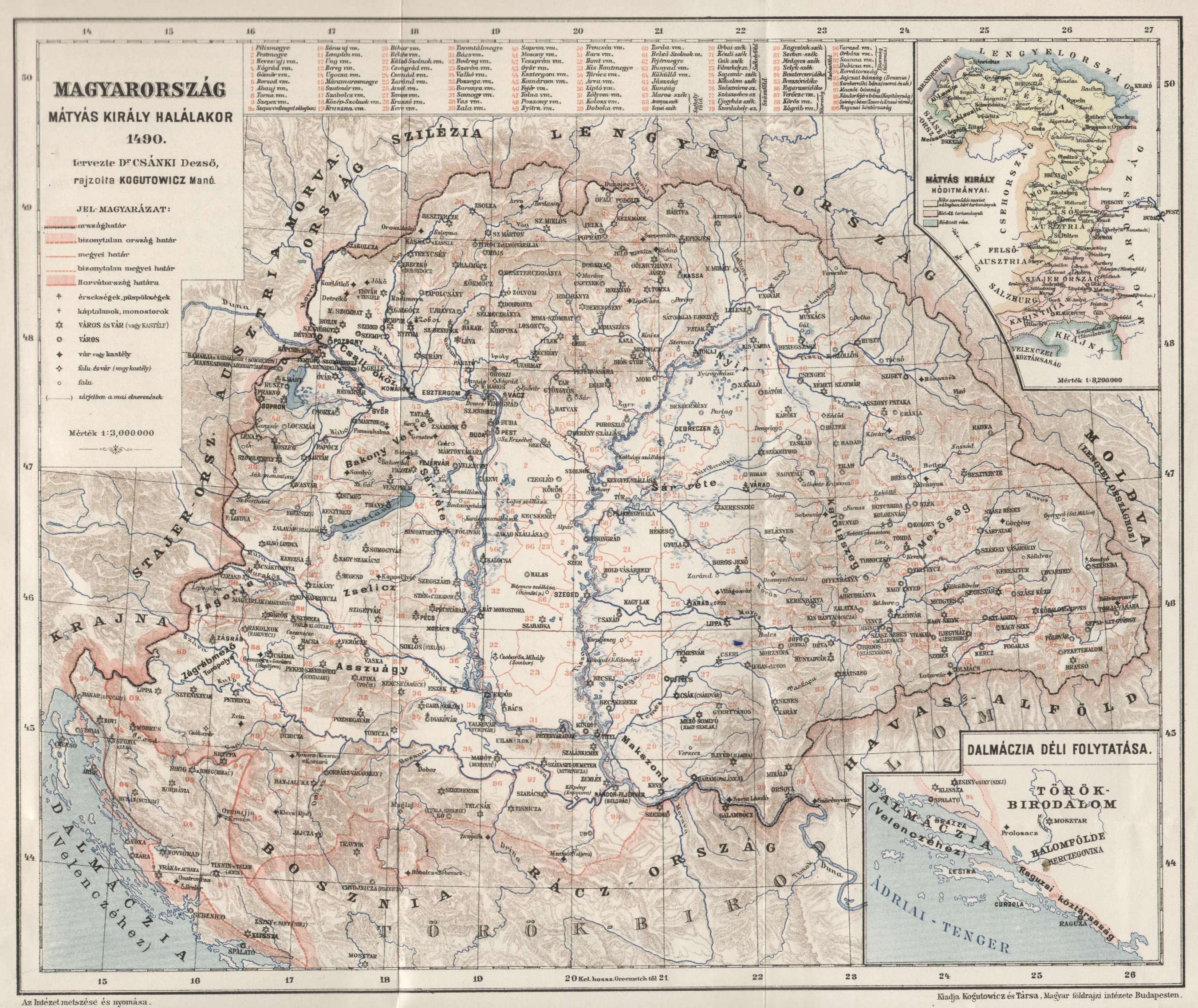 Magyarország 1490-ben – Kogutowicz Manó térképe Csánki Dezső 1890-ben megjelent, Magyarország történelmi földrajza a Hunyadiak korában című művében