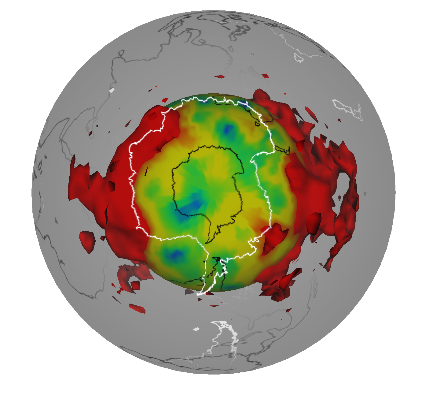 A rengéshullámok elemzésével feltérképezett két LLSVP buborék az alsó köpenyben, mintha az Antarktisz felöl néznénk őket