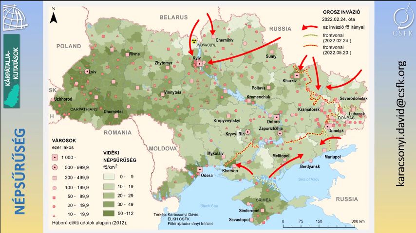 Karácsony Dávid ábráján látható, hogy az orosz erők főleg a legritkábban lakott ukrán vidékeken értek csak el sikereket.