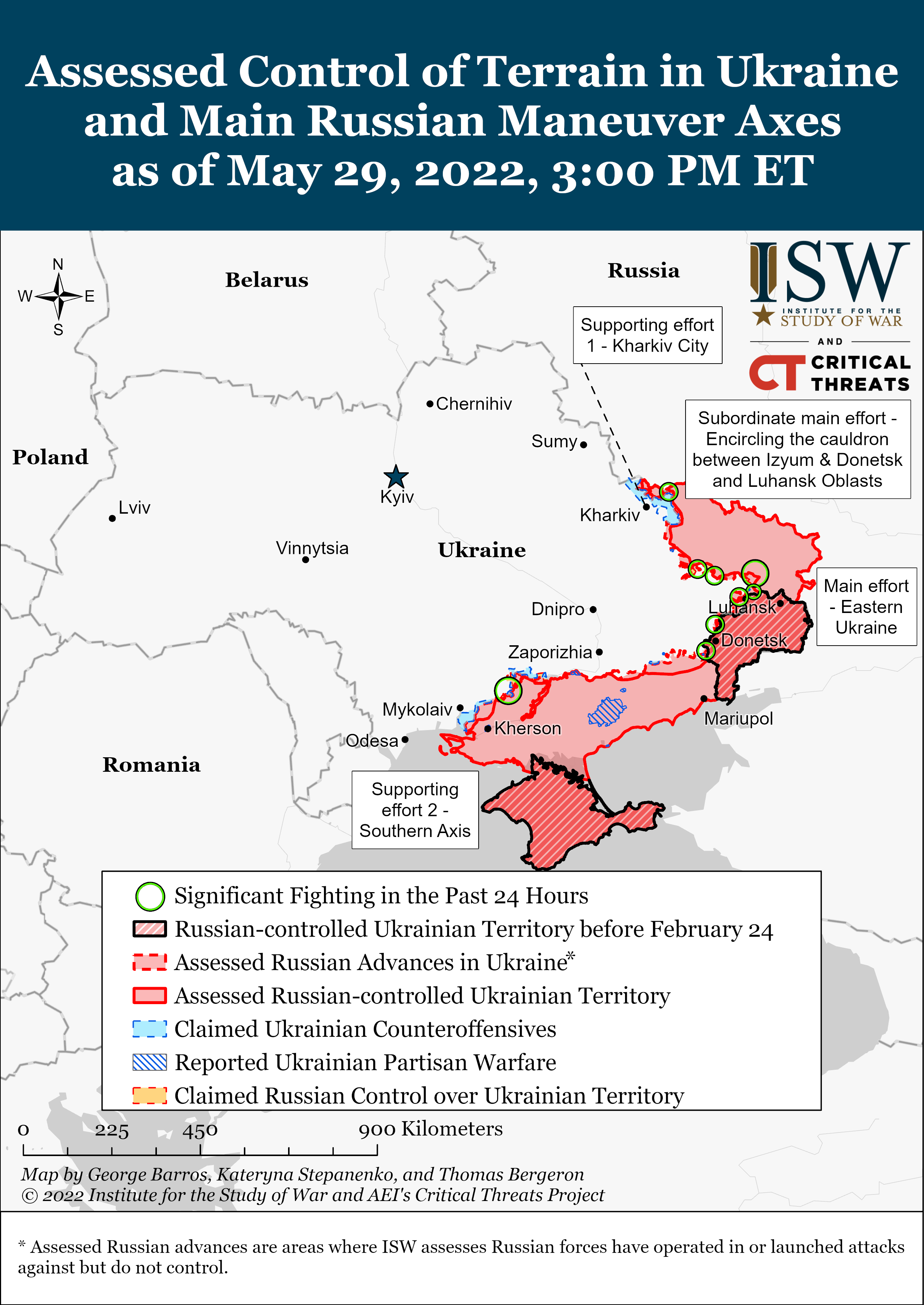 Az orosz invázió állása 2022. május 29-én. Az oroszok szinte minden erejüket a legkeletibb ukrán város, Szeverodoneck elfoglalására koncentrálják.