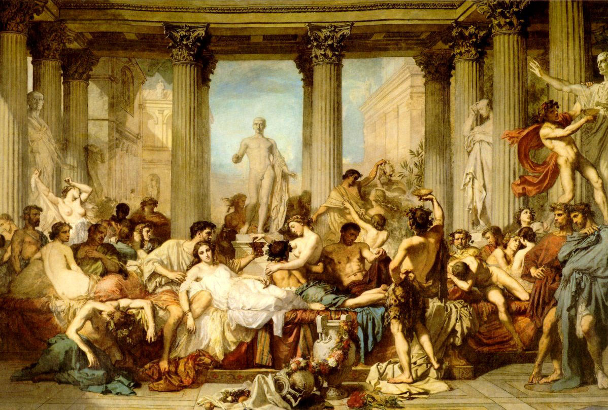 Római buli a téli napforduló idején tartott szaturnália ünnepén (Thomas Couture: Dekadens rómaiak, 1847)