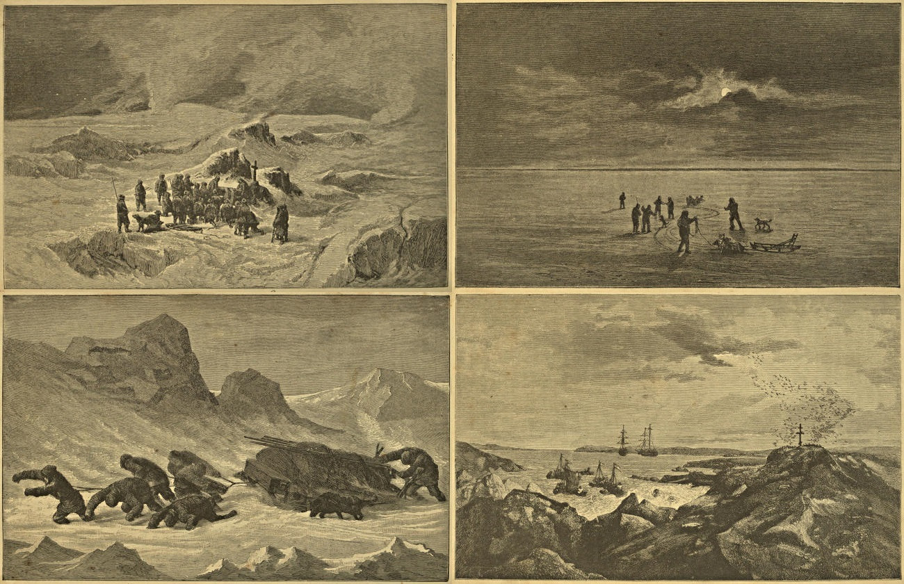 Krisch temetése (bal felül), szánhúzás a jégtáblán (jobb felül), a hazatérés viszontagságai (bal alul), az orosz hajók érkezése (jobb alul) – Payer rajzai