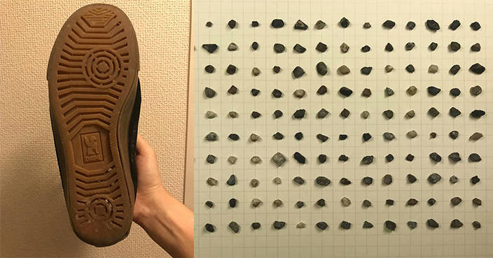 Egy japán illusztrátor egy éve gyűjti a tornacipője talpába ragadt kavicsokat és üvegszilánkokat