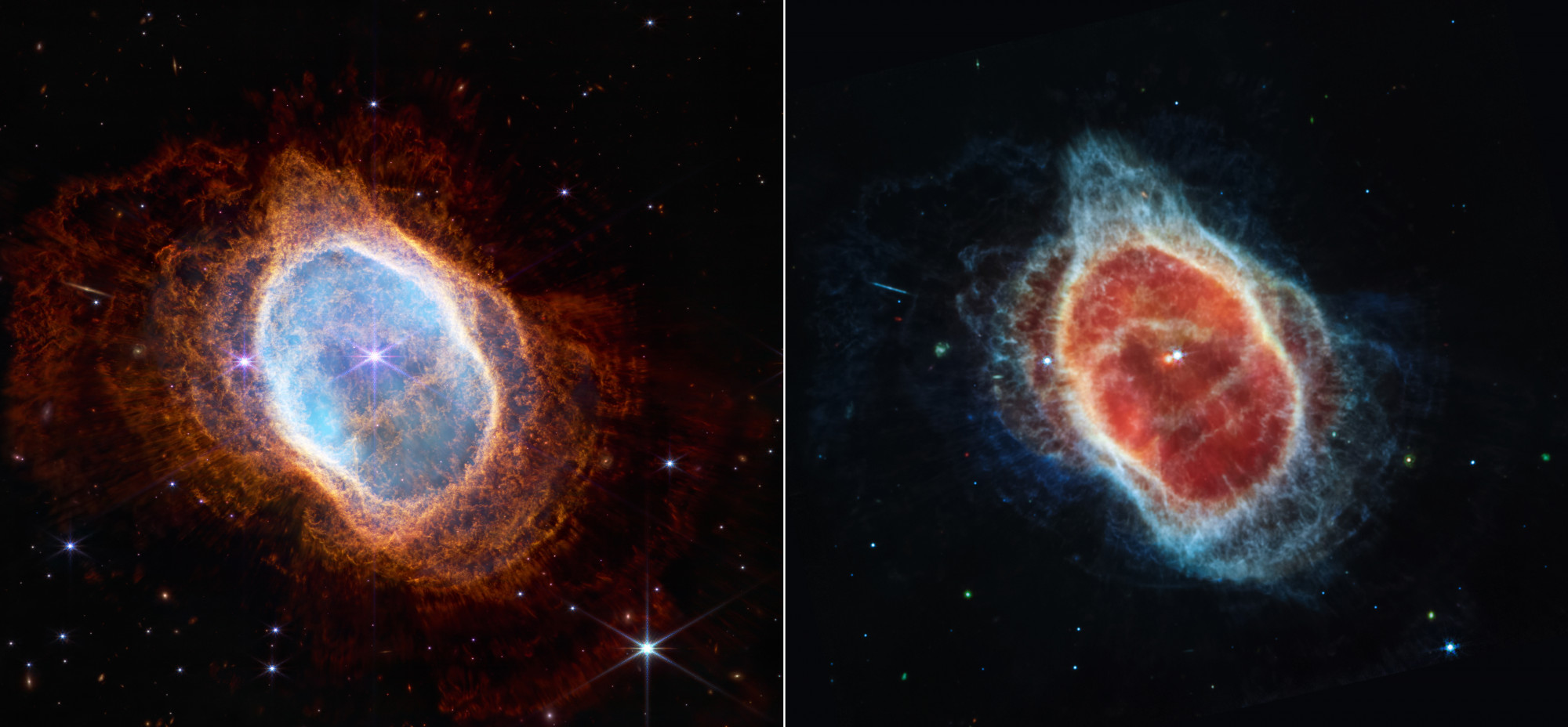A Caldwell 74 planetáris köd közeli infravörös (balra), valamint közép-infravörös (jobbra) képe