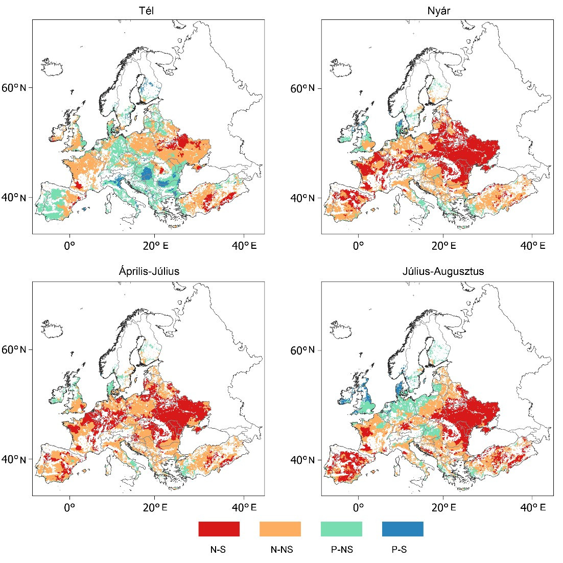 Az elérhető nedvesség szezonális trendjei az európai mezőgazdasági területek talajainak felső 0–28 cm-es rétegében 1981 és 2017 között (0.1◦ × 0.1◦ felbontás). N: negatív irány; P: pozitív irány; S: jelentős változás; NS: nem jelentős változás.