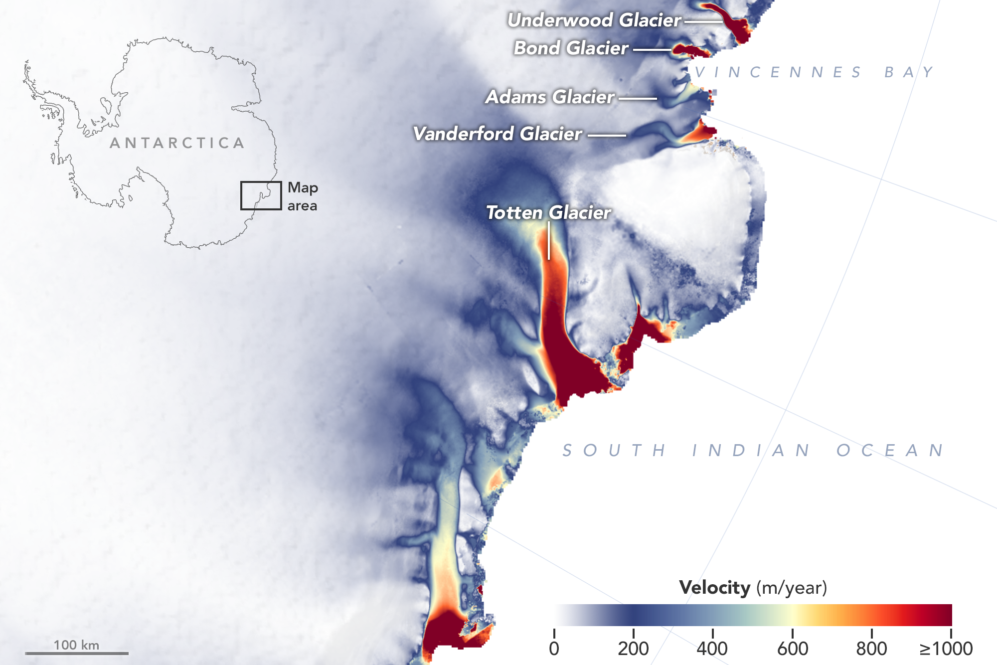A Totten és más környező, kelet-antarktiszi gleccserek folyási sebessége